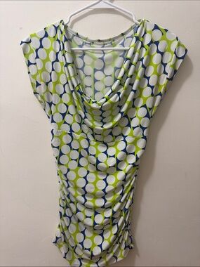Cowl-Neck Polka Dot Tunic in Lime Green, Navy & White